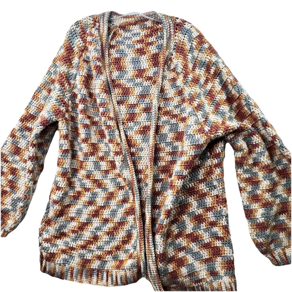 Handmade Crochet Knit Open Cardigan Women's XL / 1X Retro Boho Puff Sleeve